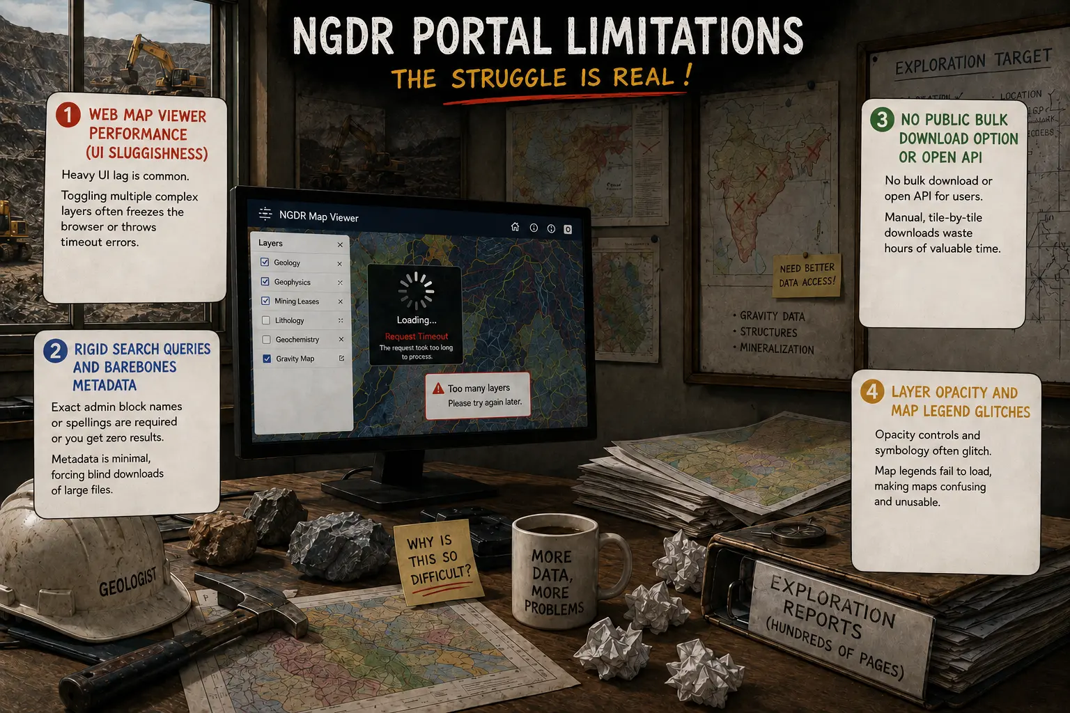 NGDR portal limitations infographic highlighting web-map slowness, rigid search queries, limited bulk-download and API access, and layer-opacity and map-legend glitches.NGDR portal limitations infographic highlighting web-map slowness, rigid search queries, limited bulk-download and API access, and layer-opacity and map-legend glitches.