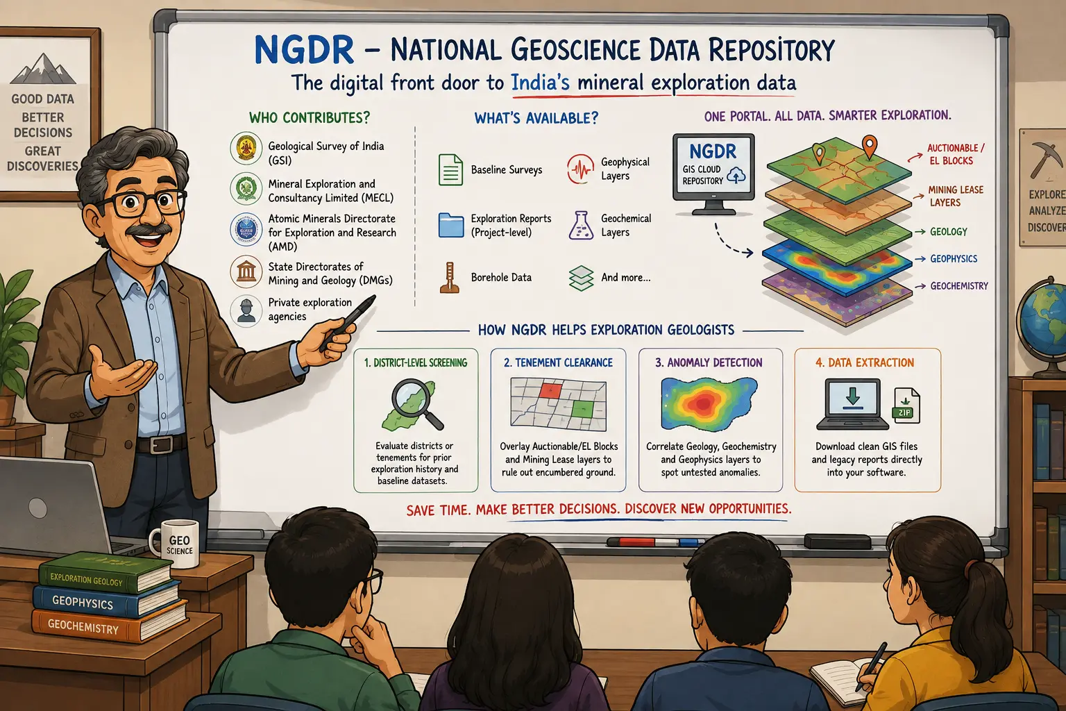 Educational infographic explaining India’s NGDR, showing contributing agencies, available geological datasets, layered GIS information and exploration uses including district screening, tenement clearance, anomaly detection and data downloads.