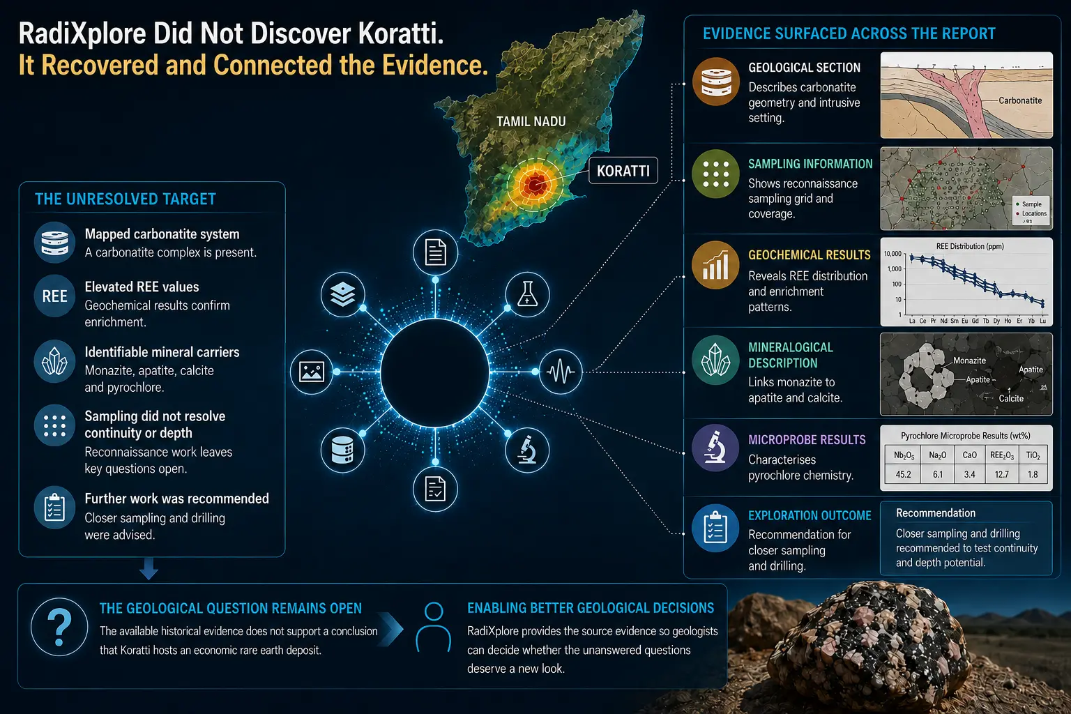 Infographic showing how RadiXplore recovered and connected evidence from the Koratti carbonatite target in Tamil Nadu, combining geological, sampling, geochemical, mineralogical and microprobe results to support recommendations for closer sampling and drilling.