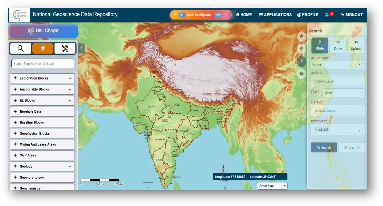 Educational infographic explaining India’s NGDR, showing contributing agencies, available geological datasets, layered GIS information and exploration uses including district screening, tenement clearance, anomaly detection and data downloads.