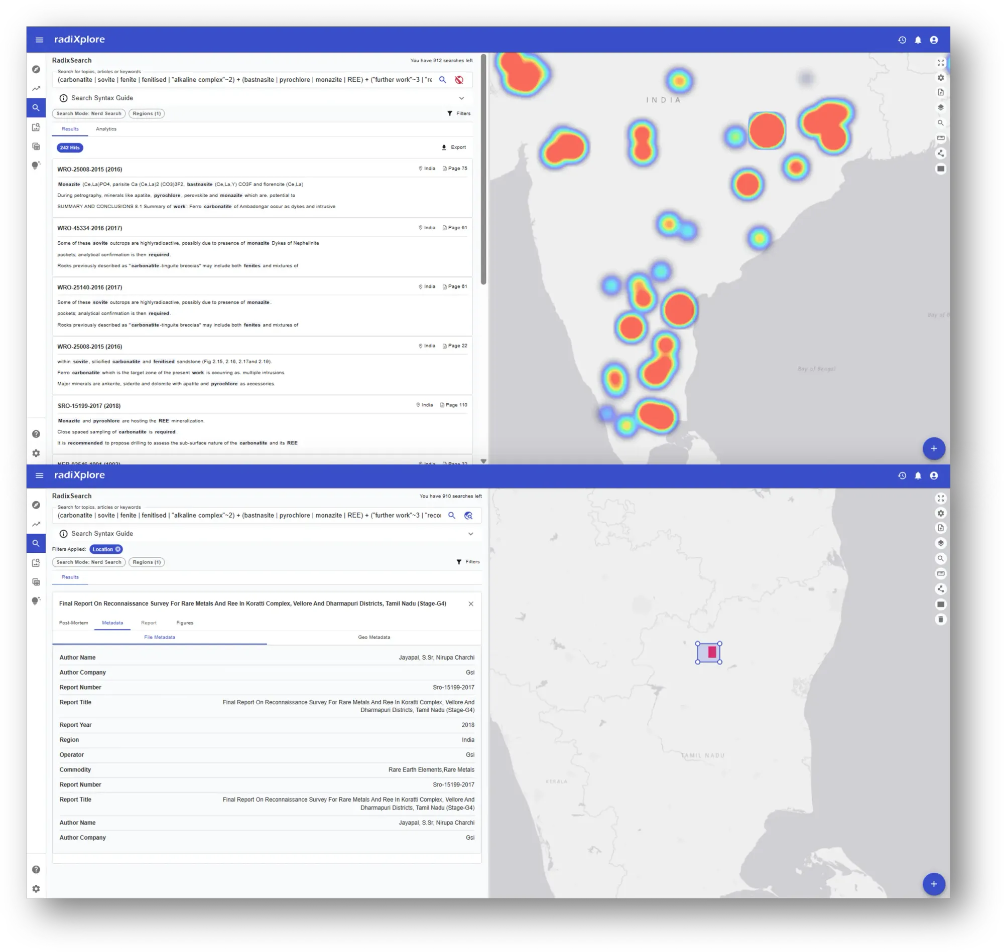 RadiXplore interface showing a geology-aware search for rare-earth-element evidence, with matching report passages on the left and spatial heatmaps of results across India on the right. A second view displays detailed metadata for a selected reconnaissance report and its mapped location.